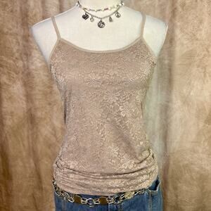 Y2K Floral Mesh Cami Tank Top Tan Sleeveless Layered Round Neck Boho Fairy